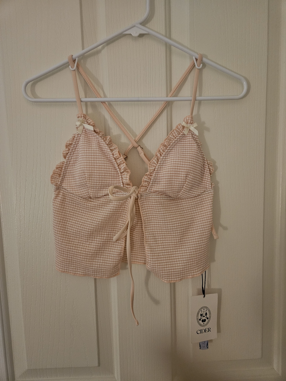 Cider Peach Gingham Ruffle Tie-Front Bikini Top